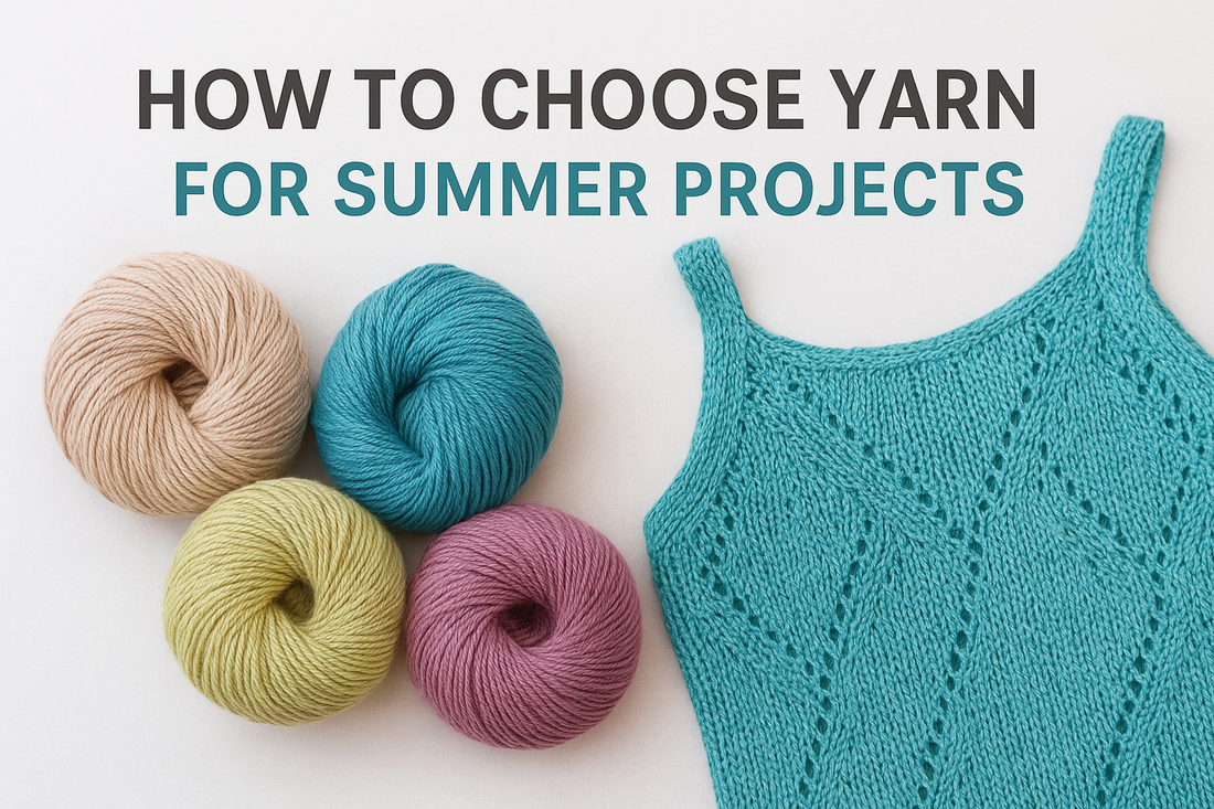 Colorful yarn skeins with a turquoise knitted summer top, banner text: How to choose yarn for summer projects
